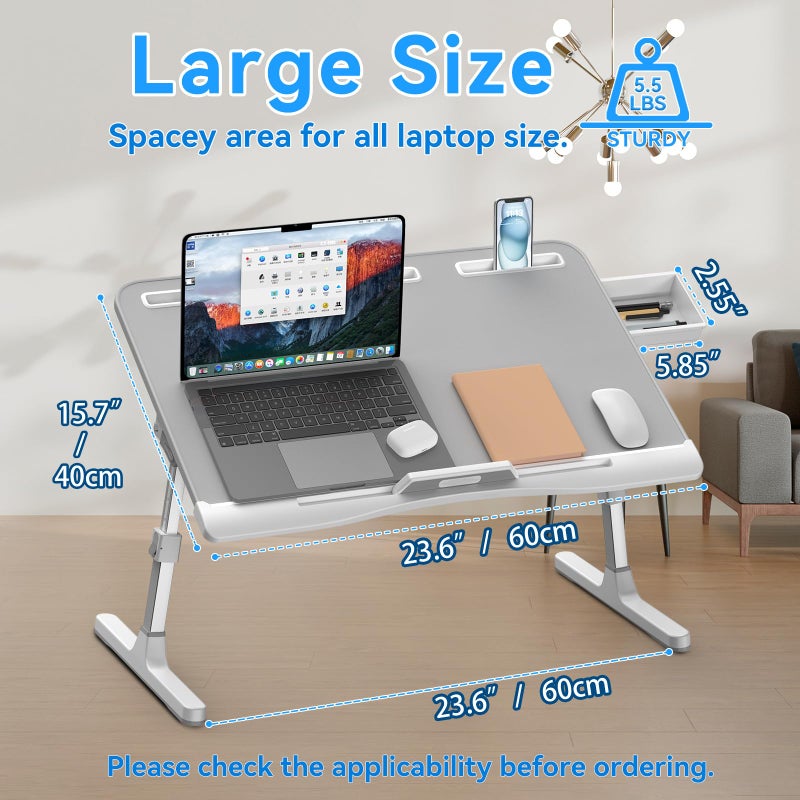 HETTHI Laptop Desk for Bed, Adjustable Bed Table with Leather Desktop, Foldable X-Large Laptop Bed Trays with Drawer for Bed Couch Floor Writing Working Reading Eating Painting (Gray, 23.6"Ã—15.7") - Image 4