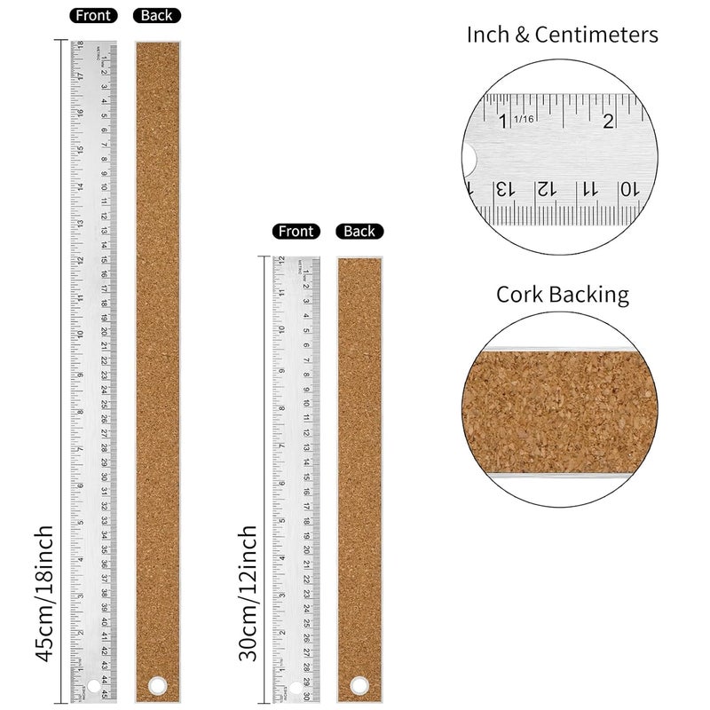 VORIGY Metal Ruler with Cork Backing, 12+18 Inch Stainless Steel Rulers 12 Inch 18 inch Metal Ruler - Imperial and Metric - Non-Slip Prevent Ink Leakage - for School Office Engineering Tools - Image 2