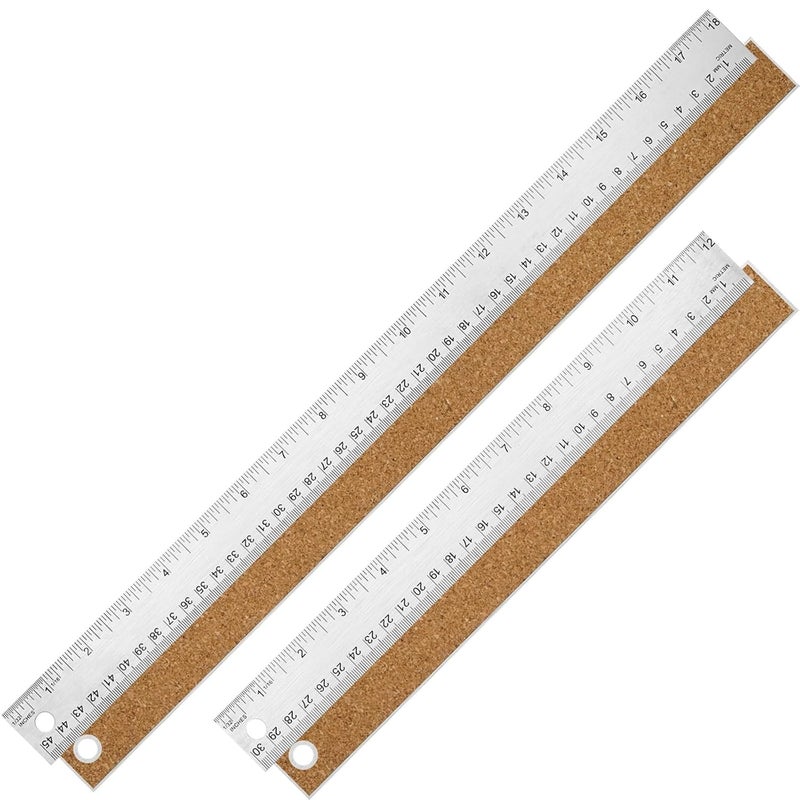 VORIGY Metal Ruler with Cork Backing, 12+18 Inch Stainless Steel Rulers 12 Inch 18 inch Metal Ruler - Imperial and Metric - Non-Slip Prevent Ink Leakage - for School Office Engineering Tools - Image 1