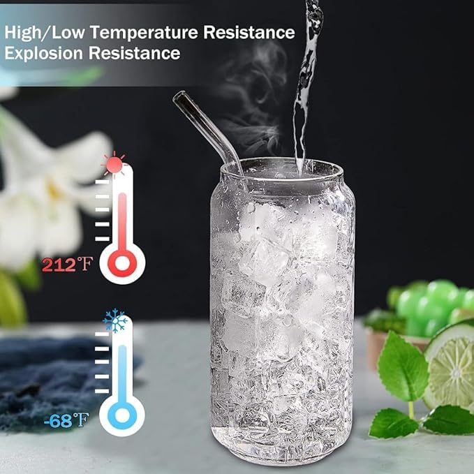 Riderev Drinking Glasses Tumbler with Bamboo Lids and Glass Straw2pcs Set540ml Can Shape Beer Glasses CupIced Coffee BOROOSILICATE Mason JAR 540ML 2PCS - Image 3