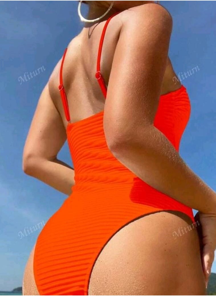 Shein SHEIN Women's Solid Color Textured Jacquard Fabric One-Piece Swimsuit, One-Piece Swimsuit, Summer Beach Swimming  - Image 3