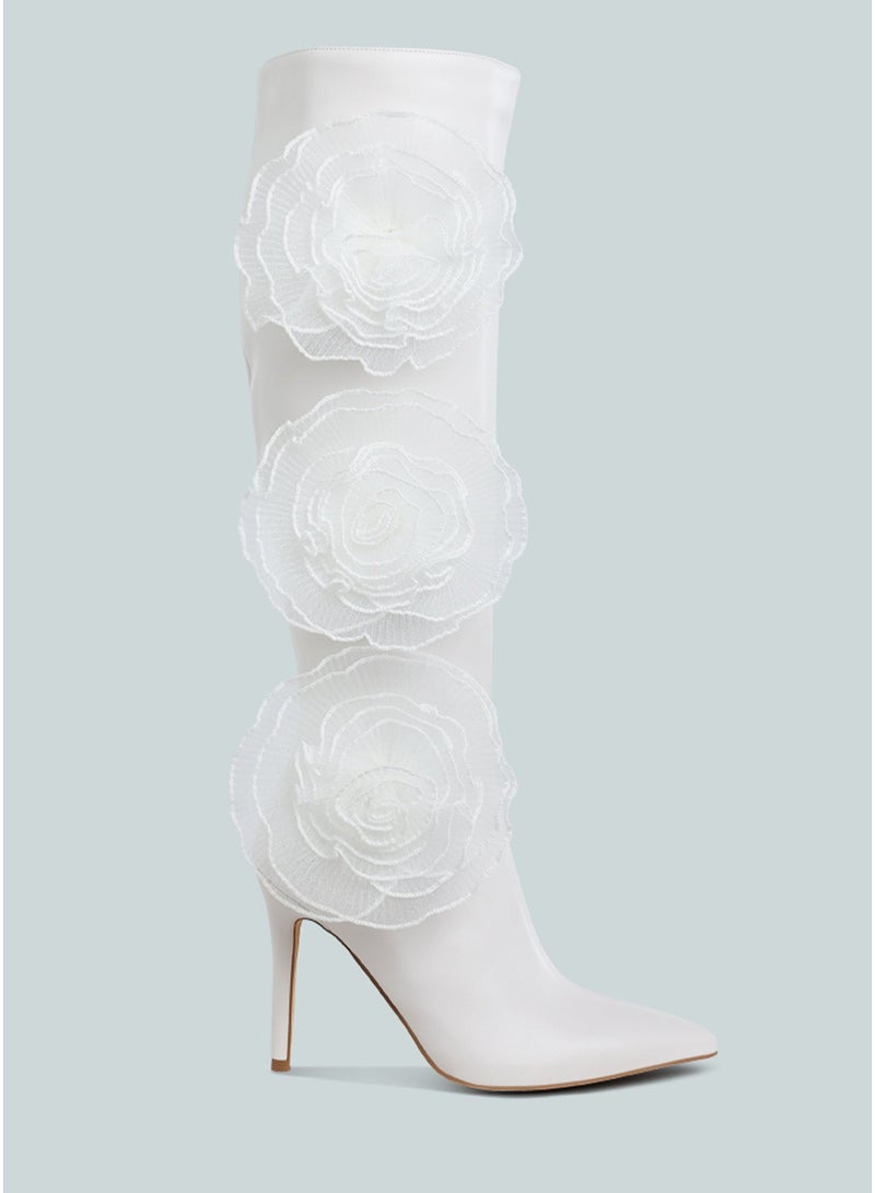 London Rag Sheer Big Rose Detail Long Boots in White - Image 2