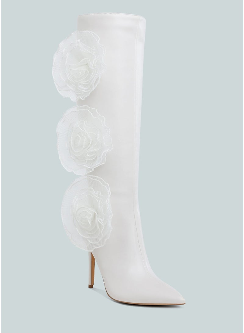 London Rag Sheer Big Rose Detail Long Boots in White - Image 1