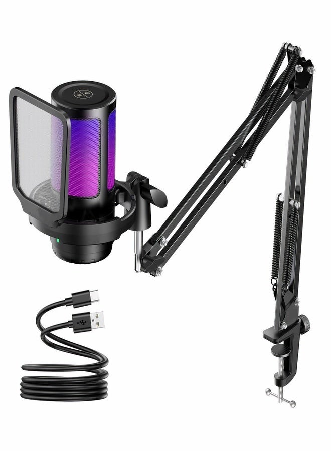 Gaming USB Condenser Microphone with Noise Cancellation, RGB, Mute & Boom Arm for Streaming, PC, PS5, Mac - Image 1