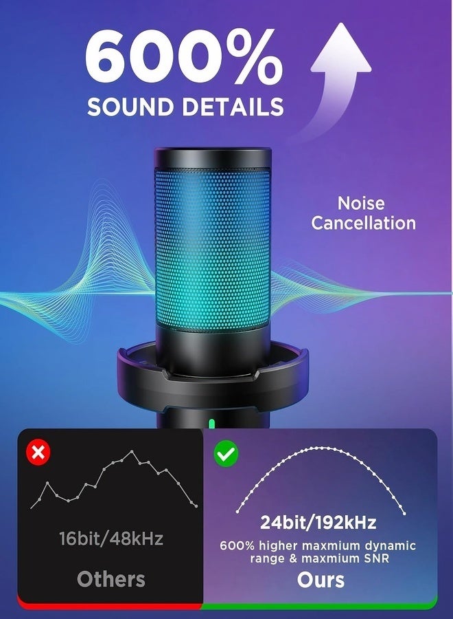 Gaming USB Condenser Microphone with Noise Cancellation, RGB, Mute & Boom Arm for Streaming, PC, PS5, Mac - Image 4