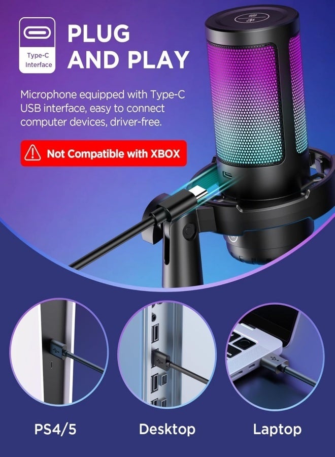 Gaming USB Condenser Microphone with Noise Cancellation, RGB, Mute & Boom Arm for Streaming, PC, PS5, Mac - Image 2