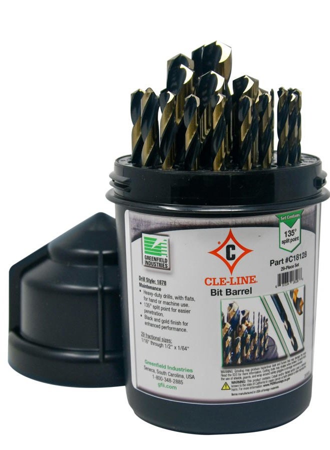 Cle-Line C18128 Bit Barrel Style 1878 High Speed Steel Jobber Length Drill Set, Black and Gold Finish, 1/16" - 1/2" Size, 29 Pieces