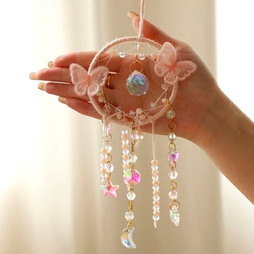 Artilady Dream Catcher for Girls - Pink Butterfly Small Moon Dream Catchers with Crystals Cute Room Decor for Teen Girls Boys Boho Bedroom Wall Home Decorations Birthday Christmas Kids Gifts - Image 2