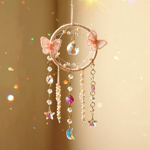 Artilady Dream Catcher for Girls - Pink Butterfly Small Moon Dream Catchers with Crystals Cute Room Decor for Teen Girls Boys Boho Bedroom Wall Home Decorations Birthday Christmas Kids Gifts - Image 1