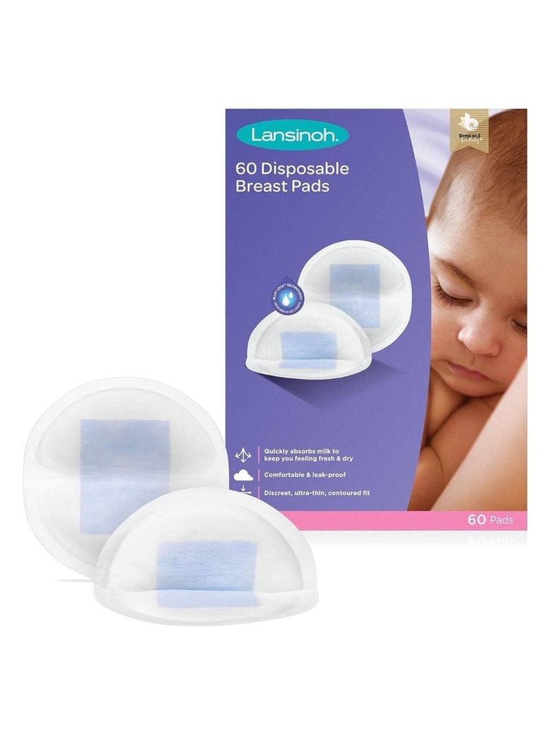 Lansinoh Disposable Nursing Breast Pads, Prevent Leakage, Ultra Thin and Discreet with Perfect Contoured Fit, Soft & Skin Friendly, Maximum Absorbency, Individually Wrapped for Convenience, 60 Count - Image 1