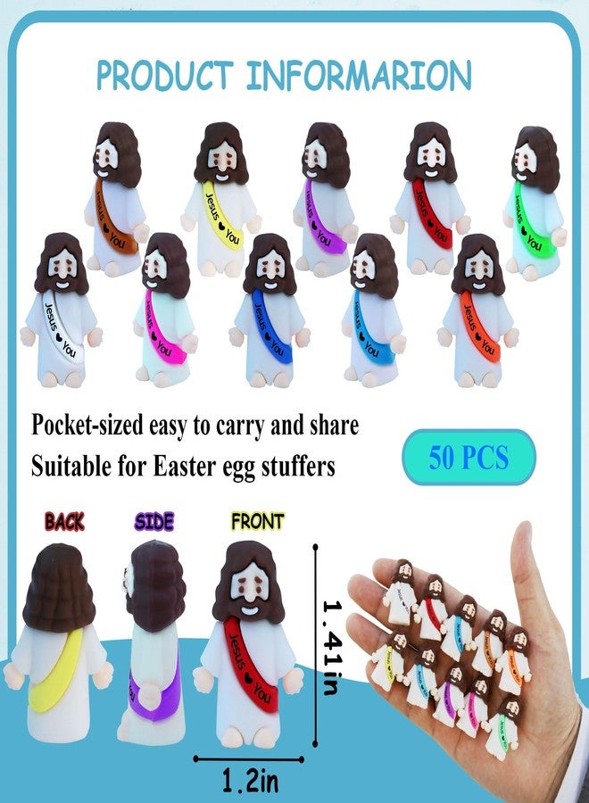 TFengfly 50 Pcs Little Jesus Figures Small Easter Jesus Loves You Toys 10 Colors Mini Rubber Jesus Miniatures to Hide and Seek Religious Gift Party Favors Easter Egg Stuffers Sunday School (50) - Image 2