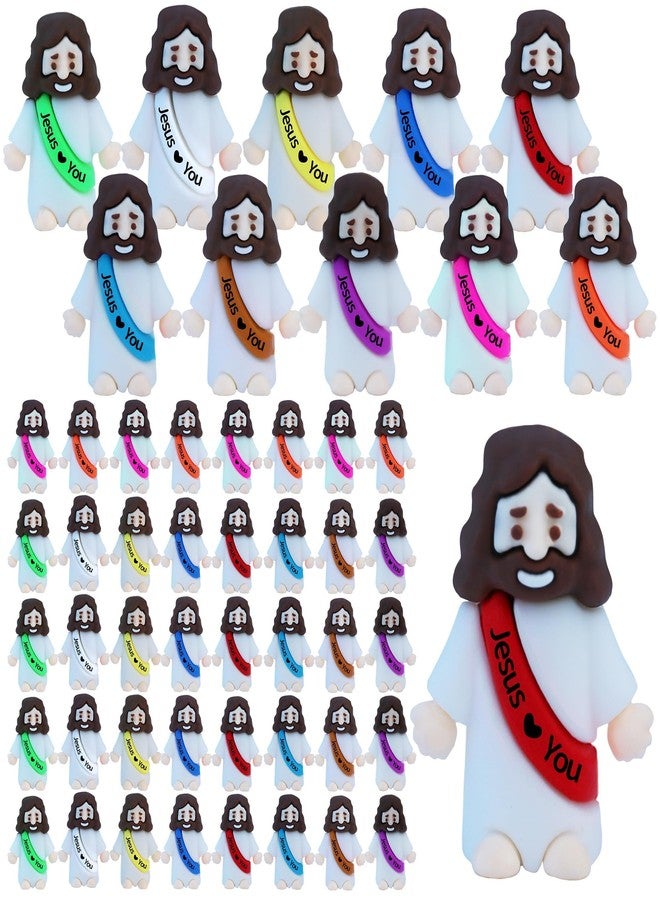 TFengfly 50 Pcs Little Jesus Figures Small Easter Jesus Loves You Toys 10 Colors Mini Rubber Jesus Miniatures to Hide and Seek Religious Gift Party Favors Easter Egg Stuffers Sunday School (50) - Image 1