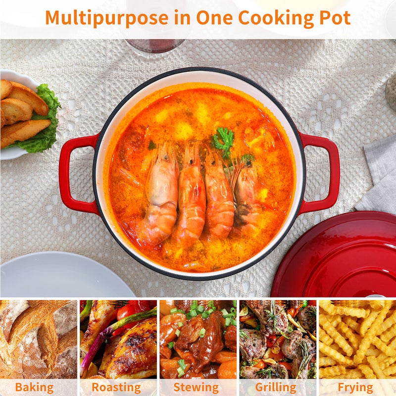 Velaze 6 QT Enameled Cast Iron Dutch Oven, Dual Handles Pot with Lid, Heavy-Duty Non-stick Round Oven for Bread Baking, Stewing, Roasting, Good Sealing for All Heat Source (Red) - Image 5