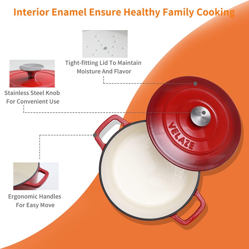 Velaze 6 QT Enameled Cast Iron Dutch Oven, Dual Handles Pot with Lid, Heavy-Duty Non-stick Round Oven for Bread Baking, Stewing, Roasting, Good Sealing for All Heat Source (Red) - Image 3