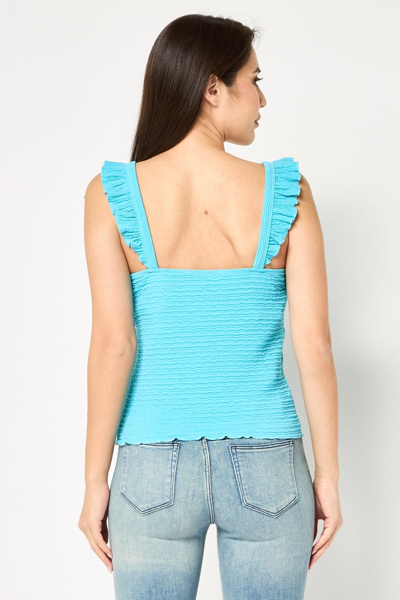 promod Women V Neck Sleeveless Textured Tank Top, Sky Blue - Image 3