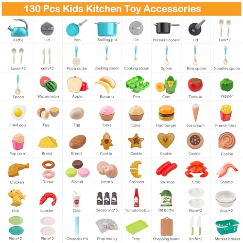 Funpynani 130Pcs Kitchen Playset, Toddler Pretend Cooking Play Pots, Pans, Utensils Cookware, Daily Food Fruit Veges, Shopping Storage Basket, Dessert, Prop Money, Learning Gift for Child (Turquoise) - Image 2