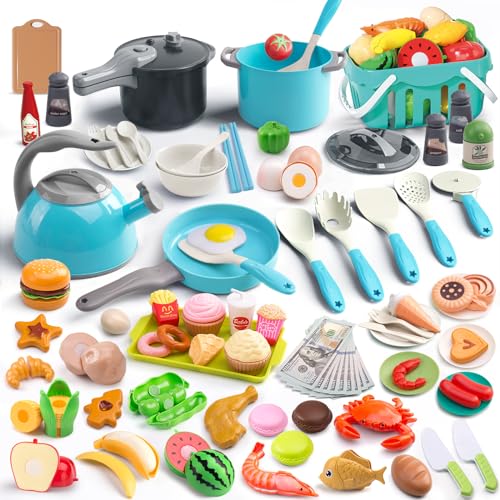 Funpynani 130Pcs Kitchen Playset, Toddler Pretend Cooking Play Pots, Pans, Utensils Cookware, Daily Food Fruit Veges, Shopping Storage Basket, Dessert, Prop Money, Learning Gift for Child (Turquoise) - Image 1