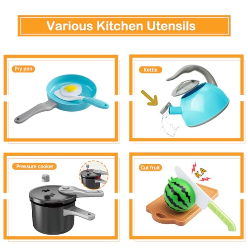 Funpynani 130Pcs Kitchen Playset, Toddler Pretend Cooking Play Pots, Pans, Utensils Cookware, Daily Food Fruit Veges, Shopping Storage Basket, Dessert, Prop Money, Learning Gift for Child (Turquoise) - Image 4
