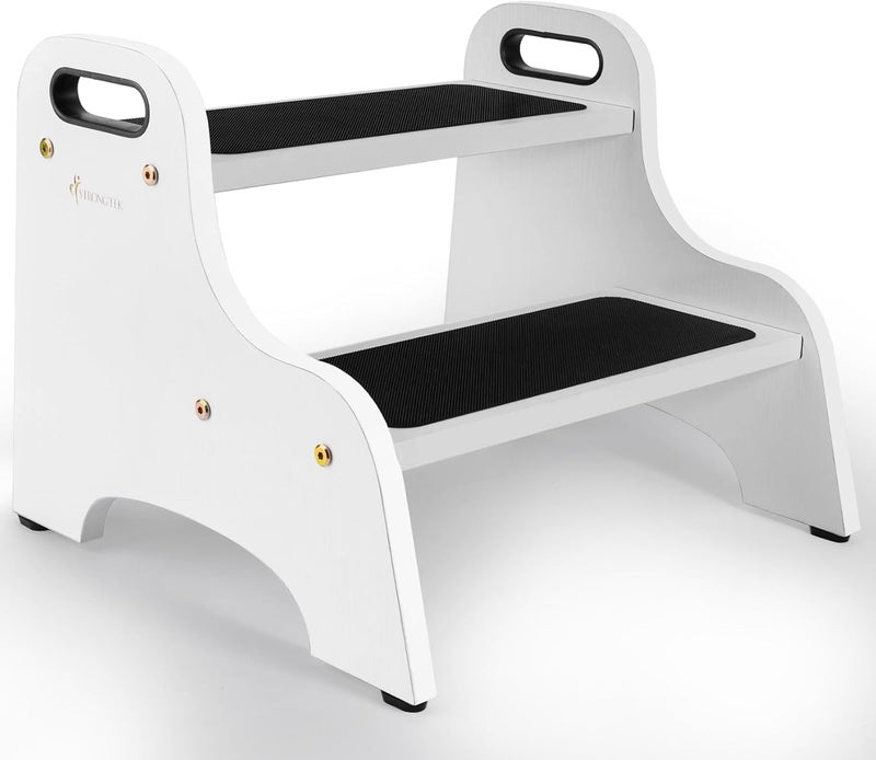 StrongTek StrongTek Wood 2 Step Stool for Kids with NonSlip Stepping Surface Portable Handles Skid Resistant Foot Pads and 350 lbs Capacity Multipurpose HeavyDuty Support White
