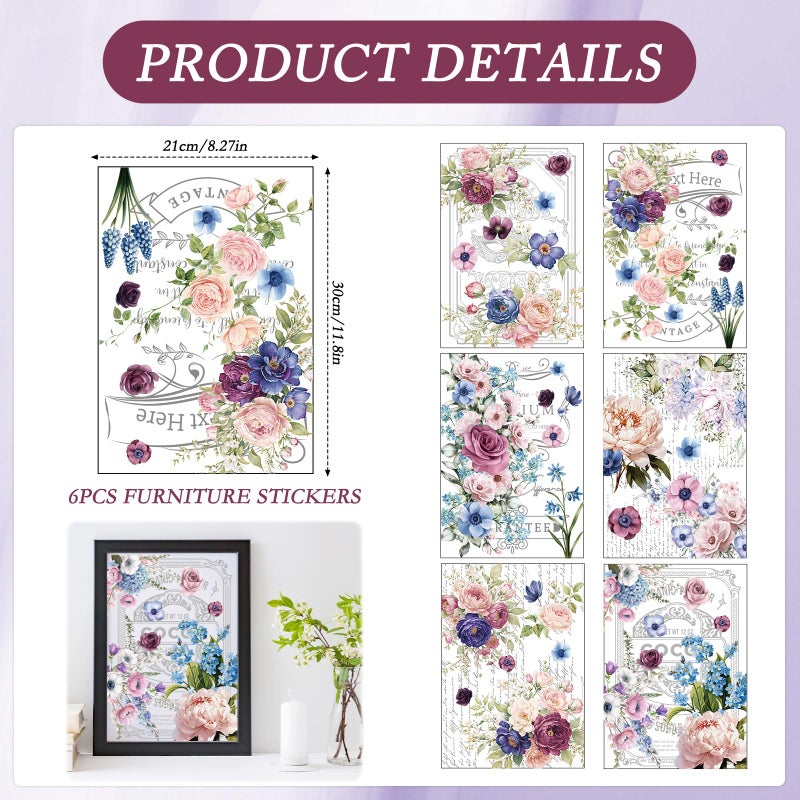 Wxiben Flower Rub on Transfers for Crafts and Furniture - Wxiben 6 Sheets Retro Floral Word Rub on Transfers for Furniture Roses Plant Rub on Transfer Stickers Decals for Wood DIY Craft Office Home Decor - Image 2