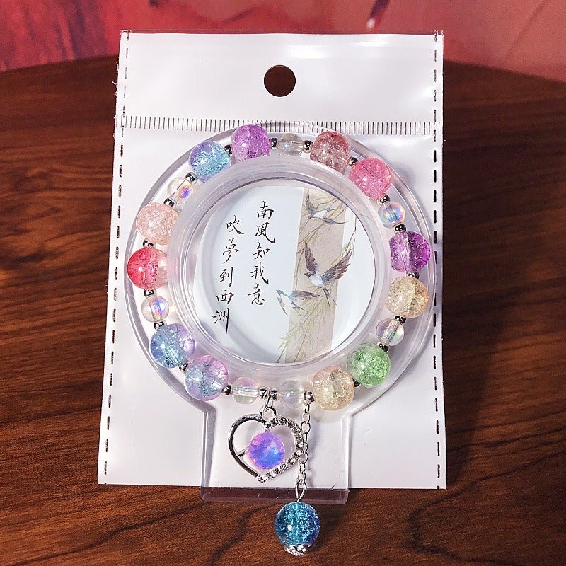 New Heart Crystal Beaded Bracelet Glass Charm Jewelry for Kids, Sweet and Fresh Student Gift