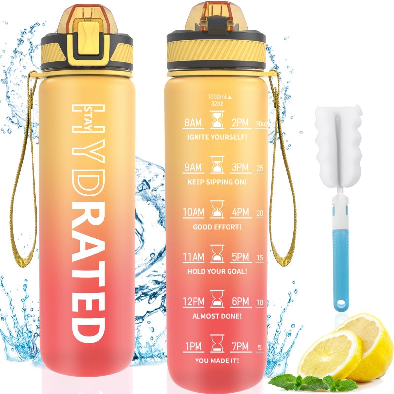 QLUR Water Bottle with Straw  32 oz Motivational Water Bottles with Time Marker to Drink  Tritan BPA Free  1L Sports Water Bottle with Carry Strap LeakProof for Women Men Gym Fitness Outdoor (1 Pack)