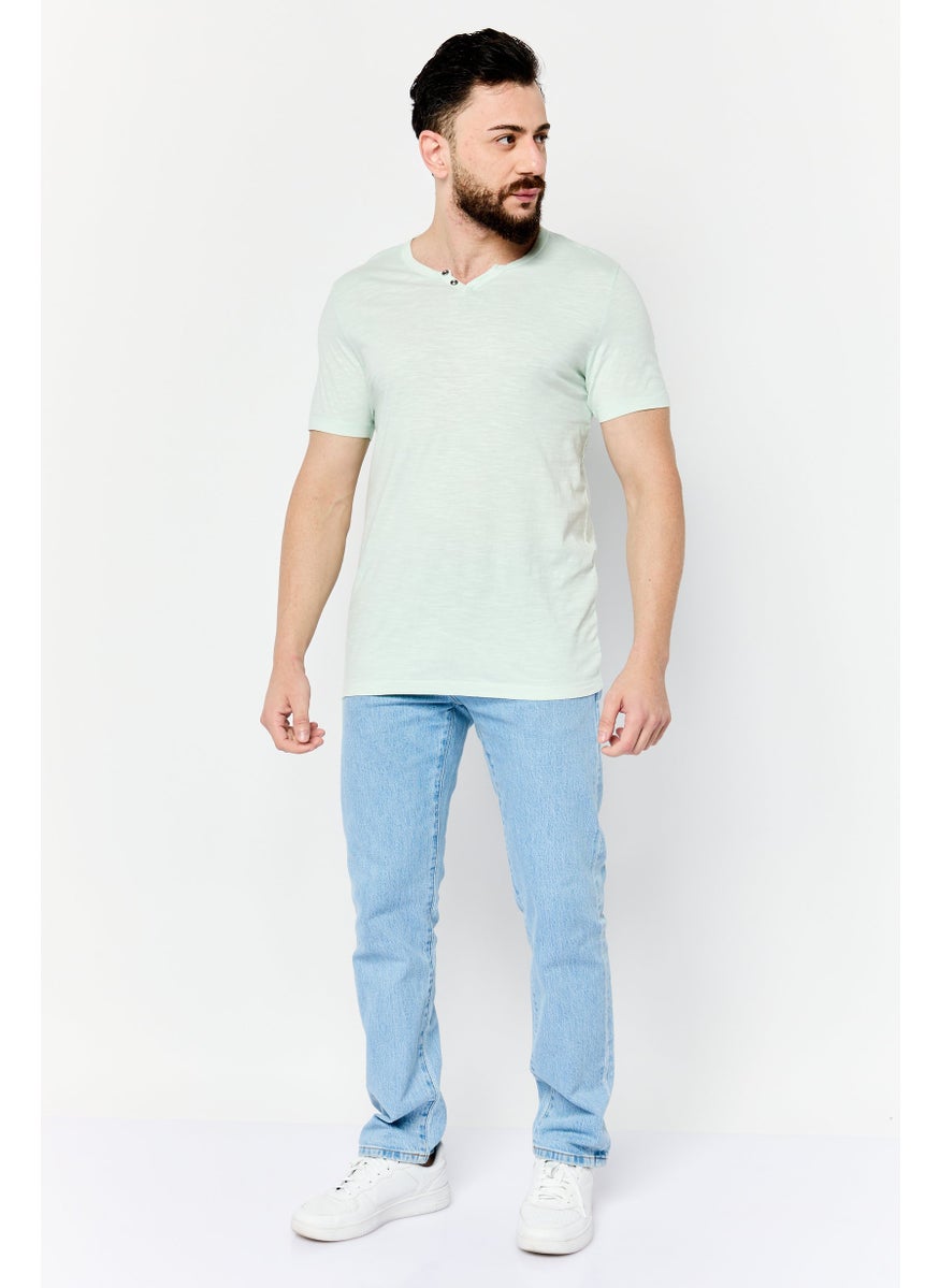 Jack Jones Men Split Neck Short Sleeves Heather T-Shirt, Light Green  - Image 3