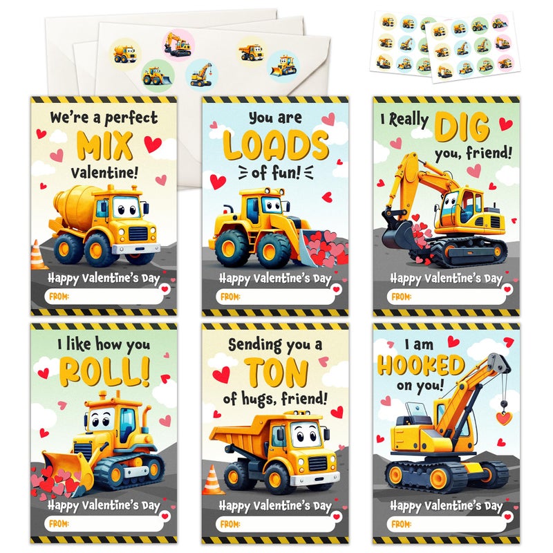 MAPDTWO 36 Packs Construction Valentines Day Cards - Construction Valentines Day Card for Classroom School, Boys, Children - 3.2''x 4.7'' Cute 6 Designs Exchange Cards - Image 1