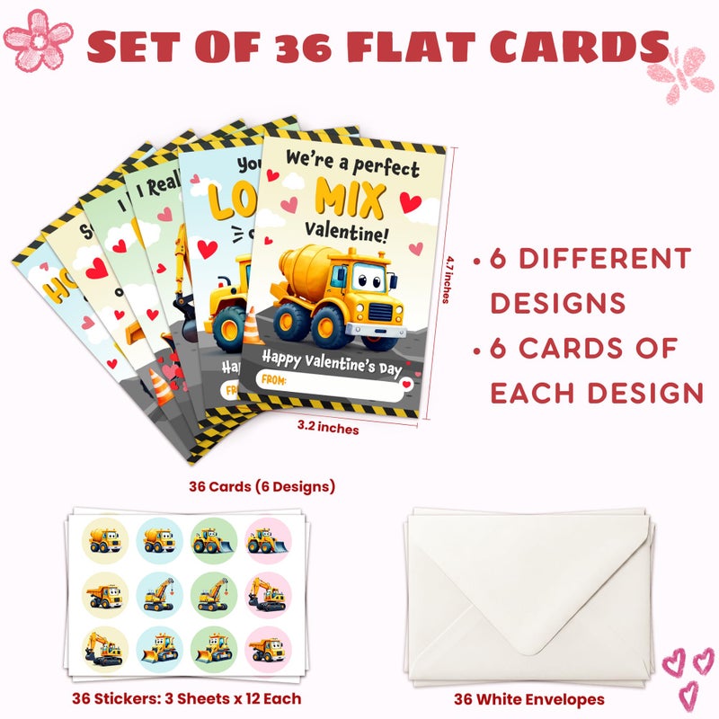 MAPDTWO 36 Packs Construction Valentines Day Cards - Construction Valentines Day Card for Classroom School, Boys, Children - 3.2''x 4.7'' Cute 6 Designs Exchange Cards - Image 2