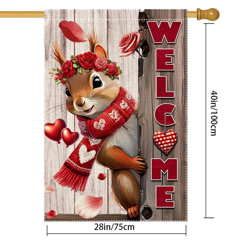 RMXJKIIU Valentineâ€™s Day Garden Flag 28x40inch Double Sided The Squirrel Red Love Heart Rose Valentineâ€™s Garden Flags For Home Outdoor Yard Patio Lawn Decor,Welcome Valentine Garden Outside Decorations Banner - Image 3