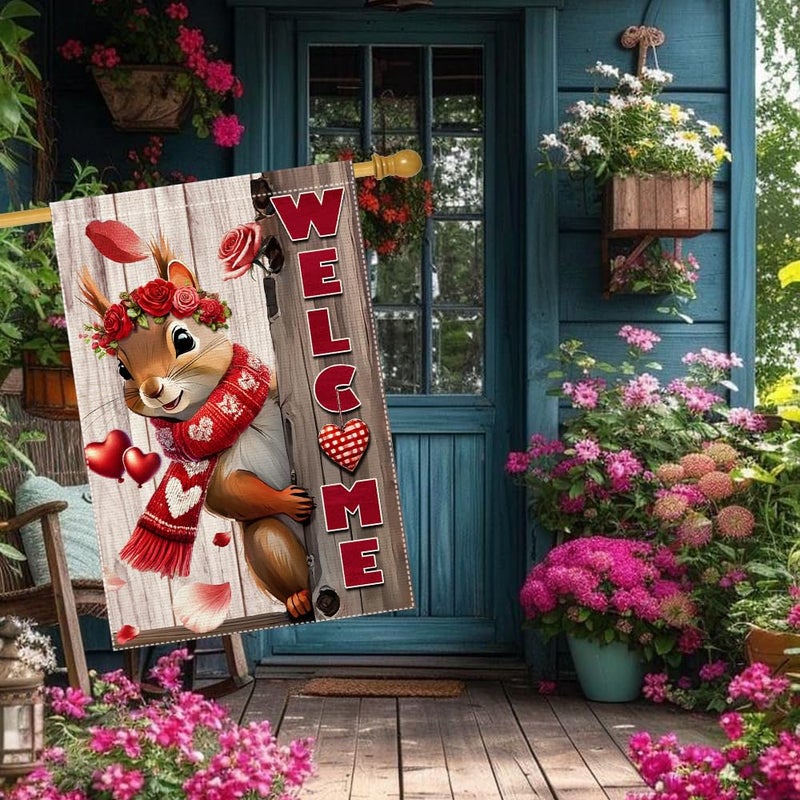 RMXJKIIU Valentineâ€™s Day Garden Flag 28x40inch Double Sided The Squirrel Red Love Heart Rose Valentineâ€™s Garden Flags For Home Outdoor Yard Patio Lawn Decor,Welcome Valentine Garden Outside Decorations Banner - Image 5