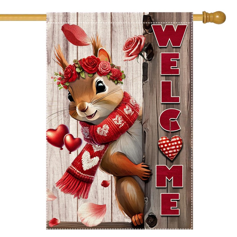 RMXJKIIU Valentineâ€™s Day Garden Flag 28x40inch Double Sided The Squirrel Red Love Heart Rose Valentineâ€™s Garden Flags For Home Outdoor Yard Patio Lawn Decor,Welcome Valentine Garden Outside Decorations Banner - Image 1