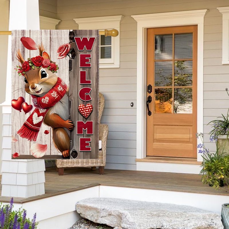 RMXJKIIU Valentineâ€™s Day Garden Flag 28x40inch Double Sided The Squirrel Red Love Heart Rose Valentineâ€™s Garden Flags For Home Outdoor Yard Patio Lawn Decor,Welcome Valentine Garden Outside Decorations Banner - Image 4