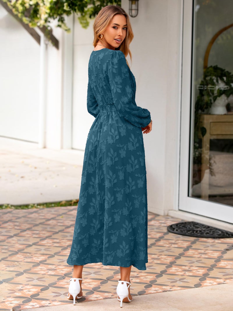 Simplee Womens Boho Floral Long Sleeve Maxi Dress V Neck Empire Waist Fall Wedding Guest Dresses with Pockets Lake Blue L - Image 4