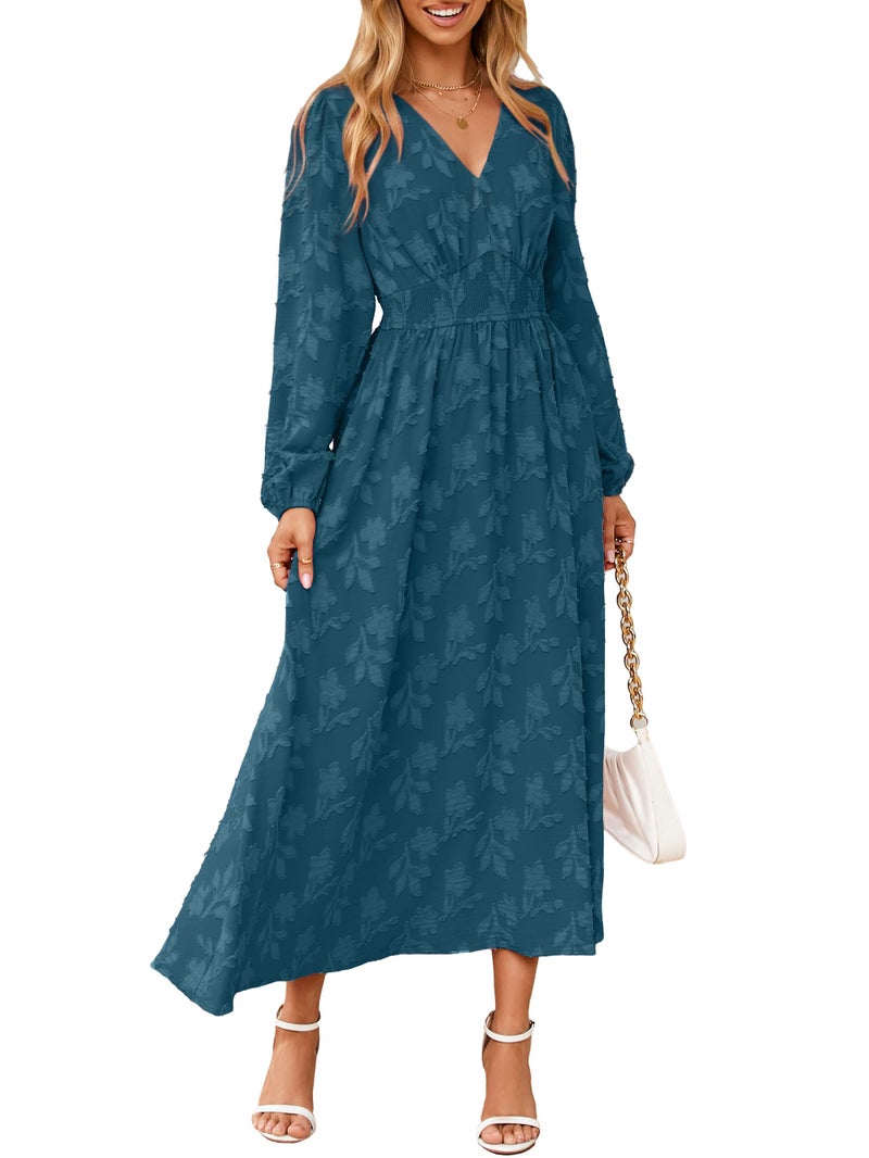 Simplee Womens Boho Floral Long Sleeve Maxi Dress V Neck Empire Waist Fall Wedding Guest Dresses with Pockets Lake Blue L - Image 1
