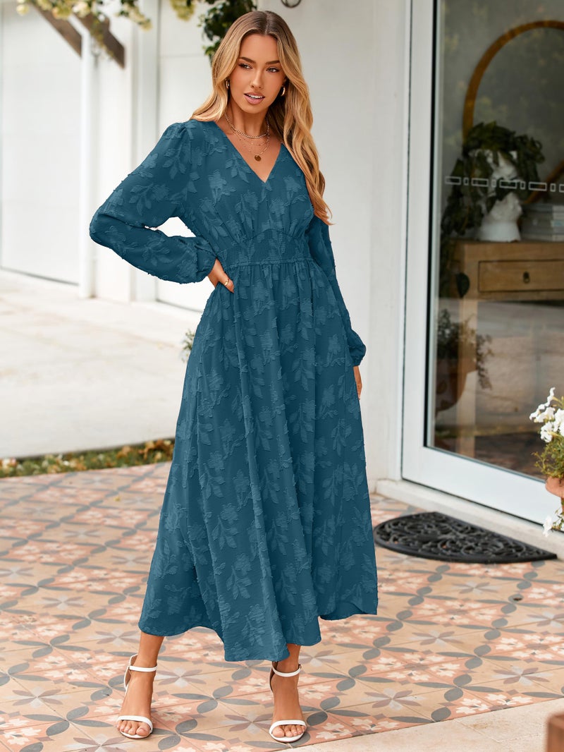 Simplee Womens Boho Floral Long Sleeve Maxi Dress V Neck Empire Waist Fall Wedding Guest Dresses with Pockets Lake Blue L - Image 5