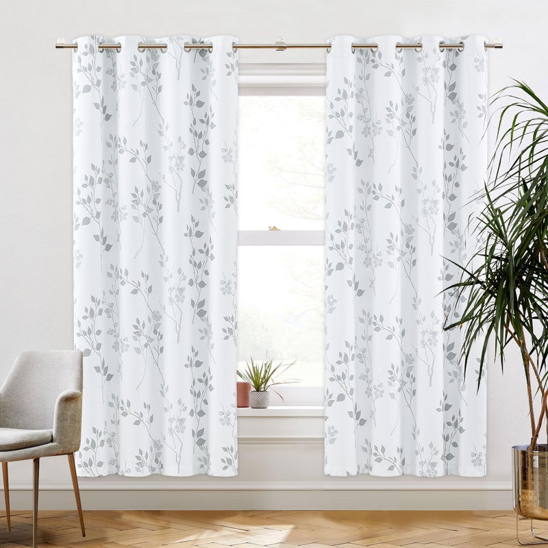 Beauoop Floral 100% Blackout Curtains 72 Inches Long 2 Panels for Bedroom Living Room Grey White Flower Patterned Room Darkening Thermal Insulated Soundproof Grommet Window Treatments Drapes, 52X72 - Image 1