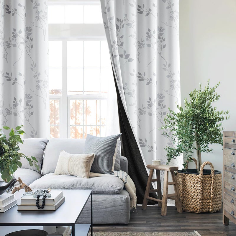 Beauoop Floral 100% Blackout Curtains 72 Inches Long 2 Panels for Bedroom Living Room Grey White Flower Patterned Room Darkening Thermal Insulated Soundproof Grommet Window Treatments Drapes, 52X72 - Image 5