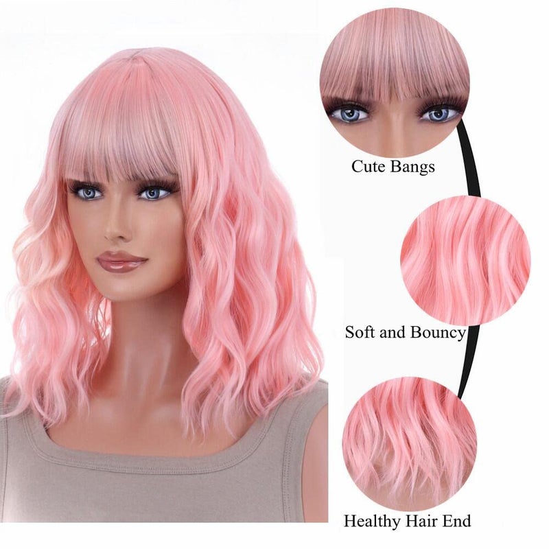ANESHE 14 Inches Pastel Bob Wigs with Bangs for Women Short Pink Curly Wavy Wigs Synthetic Fashion Pastel Wigs for Girl Colorful Costume Wigs (Lovely Pink) - Image 2
