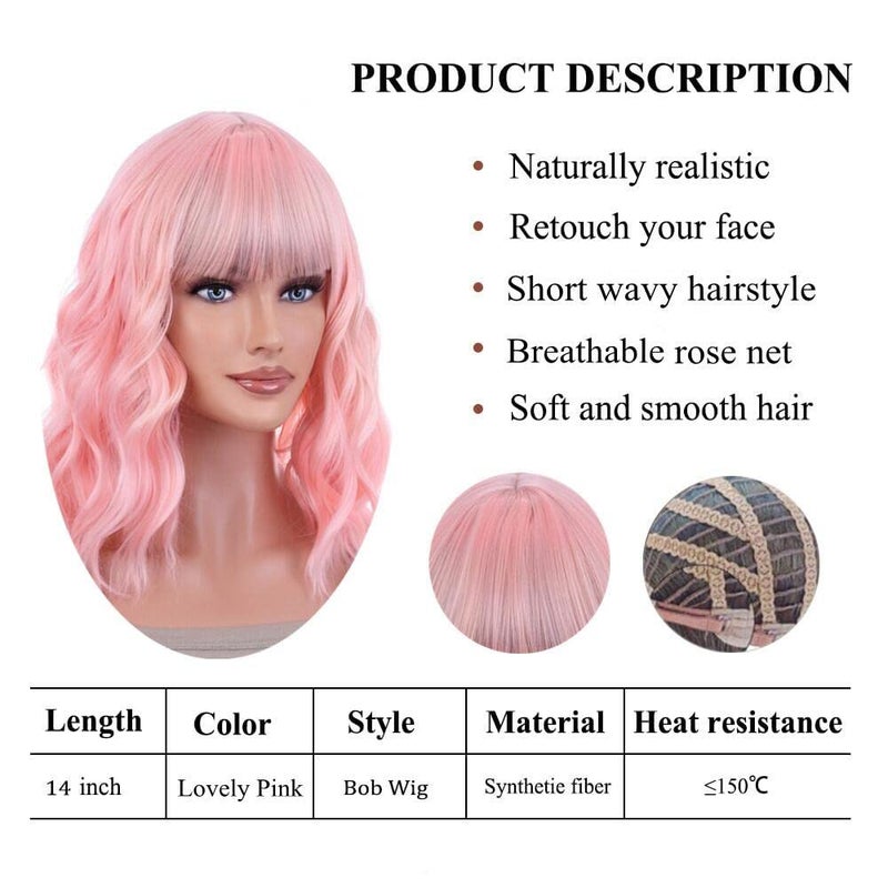 ANESHE 14 Inches Pastel Bob Wigs with Bangs for Women Short Pink Curly Wavy Wigs Synthetic Fashion Pastel Wigs for Girl Colorful Costume Wigs (Lovely Pink) - Image 4