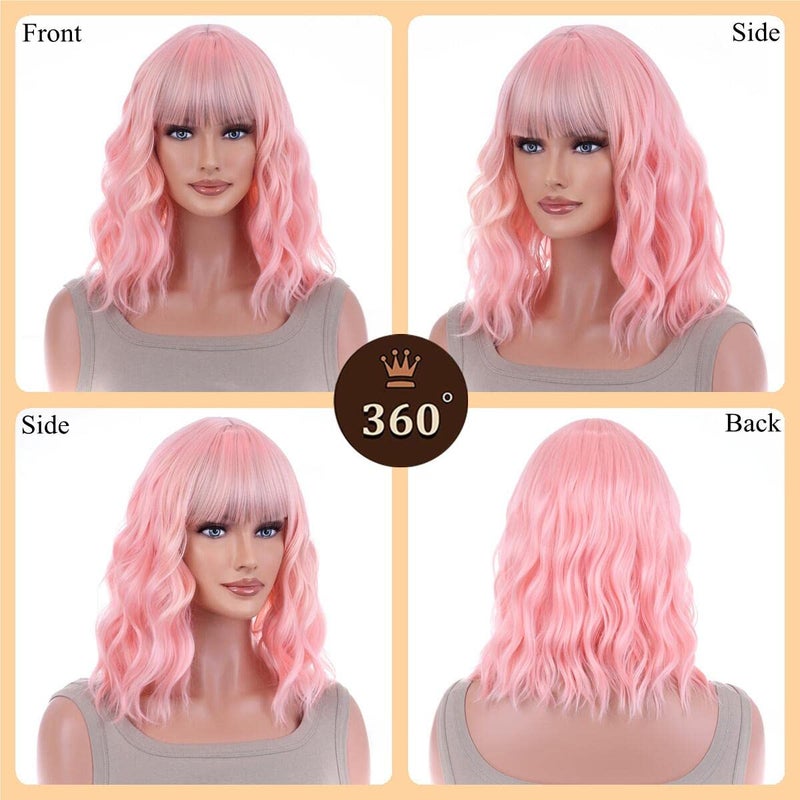 ANESHE 14 Inches Pastel Bob Wigs with Bangs for Women Short Pink Curly Wavy Wigs Synthetic Fashion Pastel Wigs for Girl Colorful Costume Wigs (Lovely Pink) - Image 3