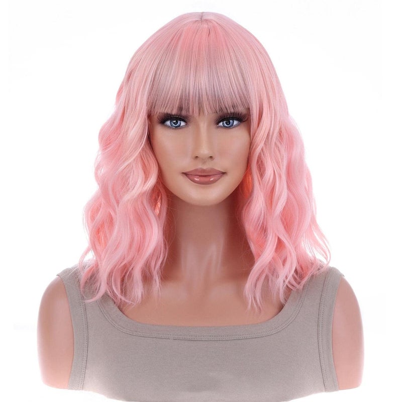 ANESHE 14 Inches Pastel Bob Wigs with Bangs for Women Short Pink Curly Wavy Wigs Synthetic Fashion Pastel Wigs for Girl Colorful Costume Wigs (Lovely Pink) - Image 1