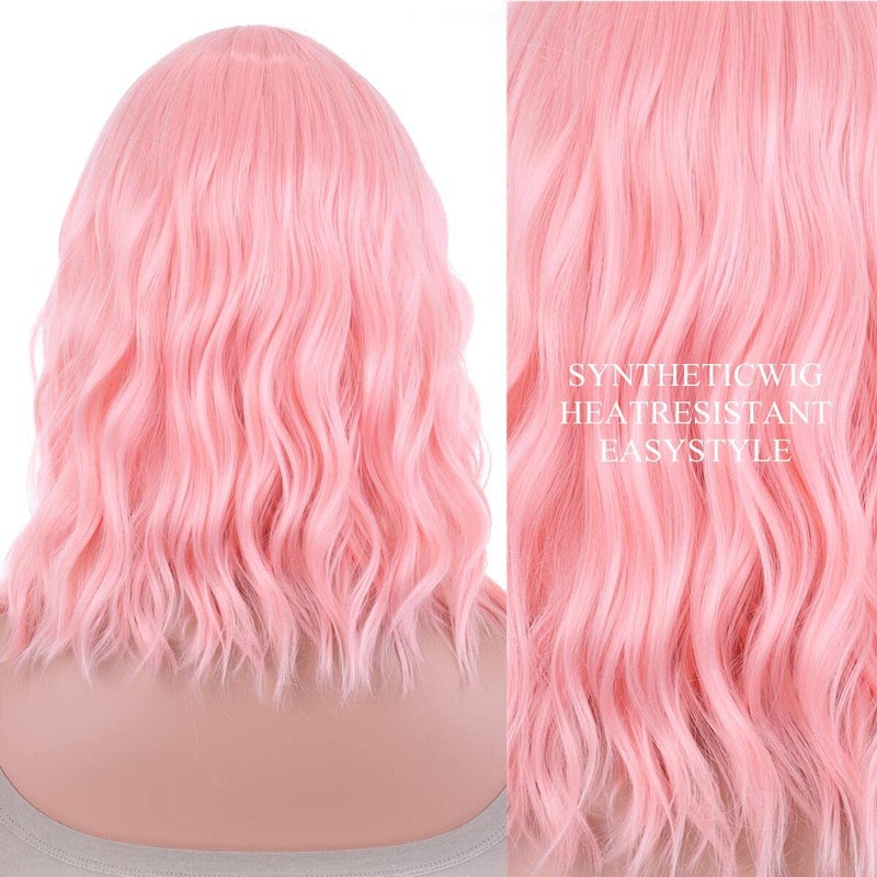 ANESHE 14 Inches Pastel Bob Wigs with Bangs for Women Short Pink Curly Wavy Wigs Synthetic Fashion Pastel Wigs for Girl Colorful Costume Wigs (Lovely Pink) - Image 5