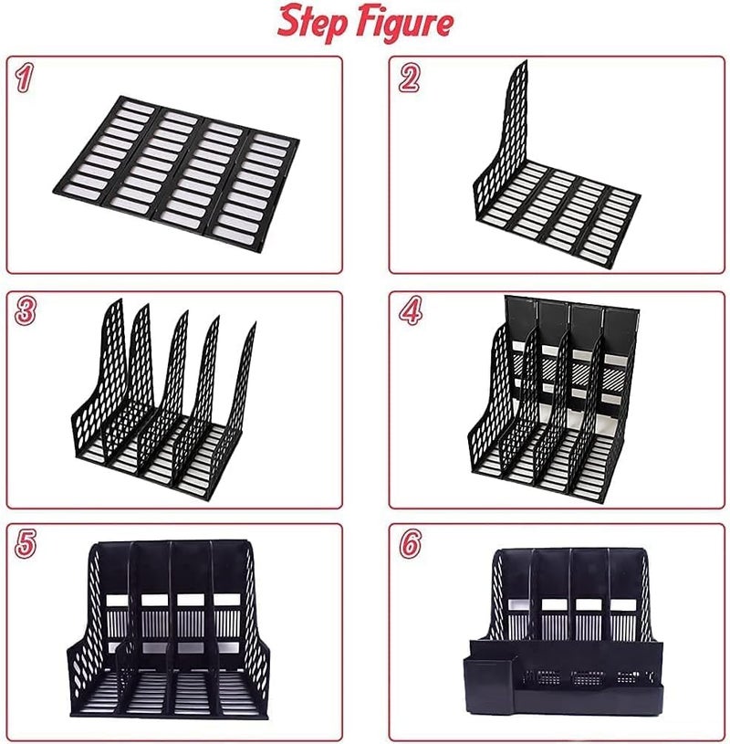 DIVHUK Desktop Bookshelf Magazine Organizer 4 Compartment Plastic Frames File Holder Dividers Document Cabinet Rack Storage Box for Office Home School (Black- With Pen Stand) - Image 4