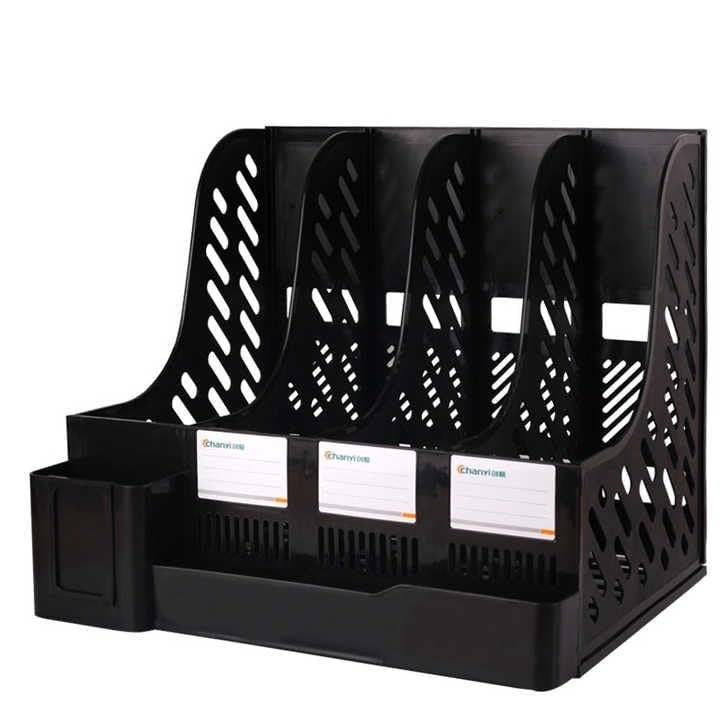 DIVHUK Desktop Bookshelf Magazine Organizer 4 Compartment Plastic Frames File Holder Dividers Document Cabinet Rack Storage Box for Office Home School (Black- With Pen Stand) - Image 1