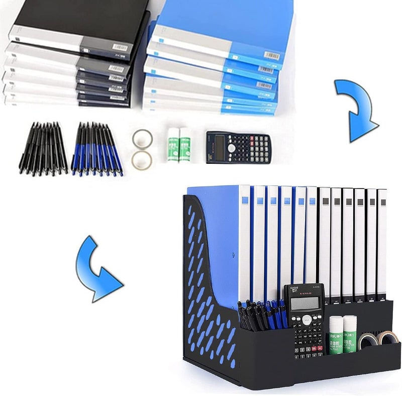 DIVHUK Desktop Bookshelf Magazine Organizer 4 Compartment Plastic Frames File Holder Dividers Document Cabinet Rack Storage Box for Office Home School (Black- With Pen Stand) - Image 2