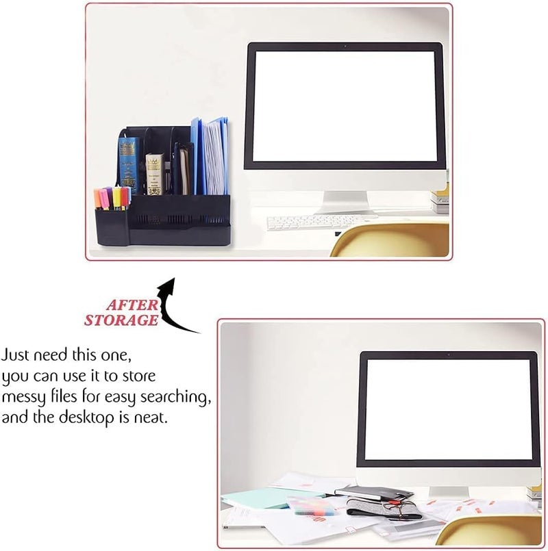 DIVHUK Desktop Bookshelf Magazine Organizer 4 Compartment Plastic Frames File Holder Dividers Document Cabinet Rack Storage Box for Office Home School (Black- With Pen Stand) - Image 3