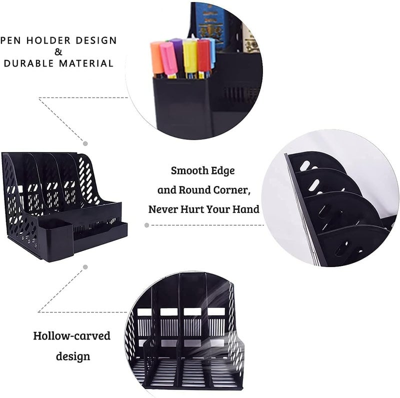 DIVHUK Desktop Bookshelf Magazine Organizer 4 Compartment Plastic Frames File Holder Dividers Document Cabinet Rack Storage Box for Office Home School (Black- With Pen Stand) - Image 5