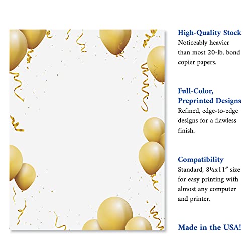 Current Gold Balloons Anniversary Letter Paper - Birthday Stationery Papers With Decorative Border Designs, Printable Holiday, Wedding, & Party Invitation Letterhead Sheets, Set of 25, 8 1/2" x 11" - Image 4