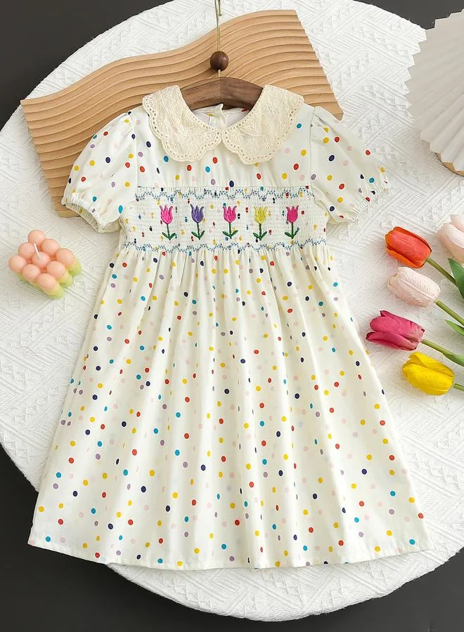 تايك تو Girls Floral Embroidered Smocked A-Line Dress
